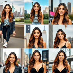 A series of 10 individual portraits of a 34-year-old woman with an identical appearance, captured in various iconic locations around New York City