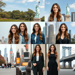A series of 10 individual portraits of a 34-year-old woman with an identical appearance, captured in various iconic locations around New York City