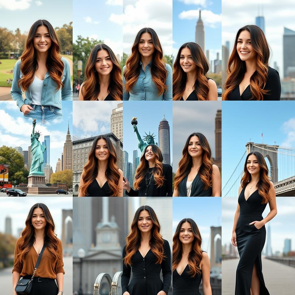 A series of 10 individual portraits of a 34-year-old woman with an identical appearance, captured in various iconic locations around New York City