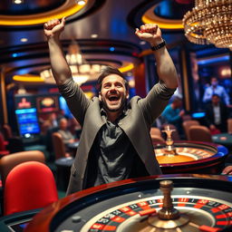 A triumphant man celebrating at a luxurious casino after winning big at the roulette table by betting on zero