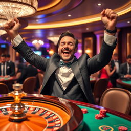 A triumphant man celebrating at a luxurious casino after winning big at the roulette table by betting on zero