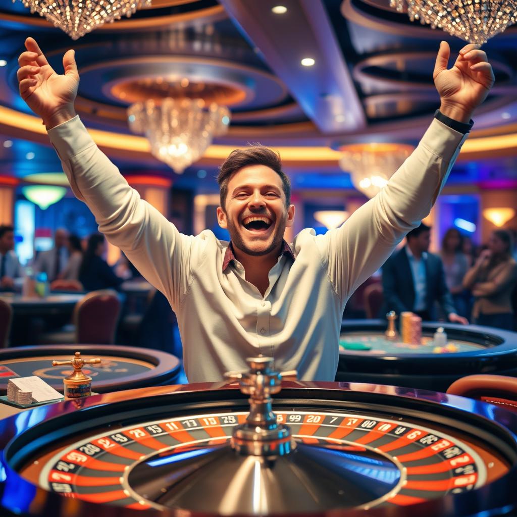 A triumphant man celebrating at a luxurious casino after winning big at the roulette table by betting on zero
