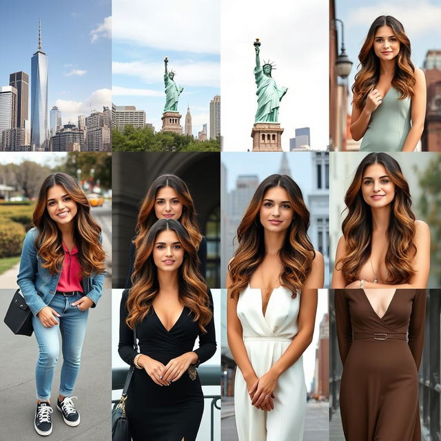 A series of 10 individual portraits of a 34-year-old woman with an identical appearance, captured in various iconic locations around New York City