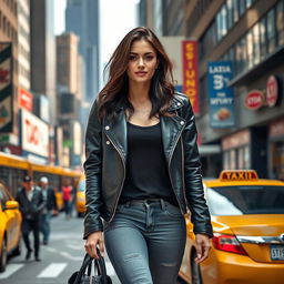 A striking image of a 34-year-old woman with a consistent appearance, featuring long dark hair styled in loose waves and wearing a trendy outfit that includes a leather jacket over a fashionable top and skinny jeans