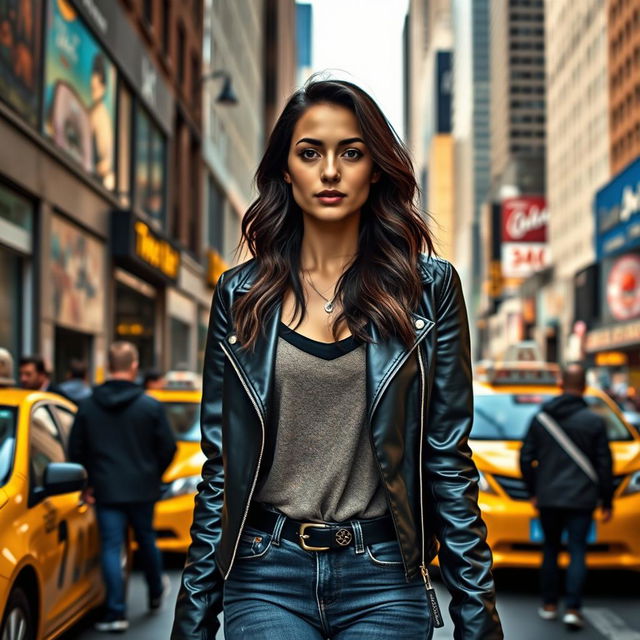 A striking image of a 34-year-old woman with a consistent appearance, featuring long dark hair styled in loose waves and wearing a trendy outfit that includes a leather jacket over a fashionable top and skinny jeans