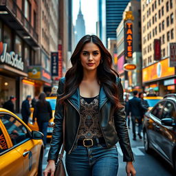 A striking image of a 34-year-old woman with a consistent appearance, featuring long dark hair styled in loose waves and wearing a trendy outfit that includes a leather jacket over a fashionable top and skinny jeans