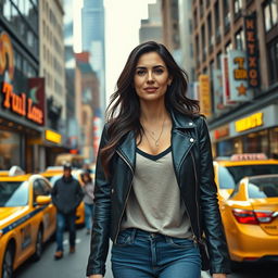A striking image of a 34-year-old woman with a consistent appearance, featuring long dark hair styled in loose waves and wearing a trendy outfit that includes a leather jacket over a fashionable top and skinny jeans