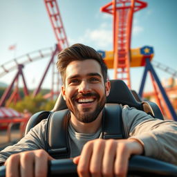 A 27-year-old white male with dark brown hair and a short beard (sides trimmed to a number one and bottom to a number five) riding a rollercoaster solo