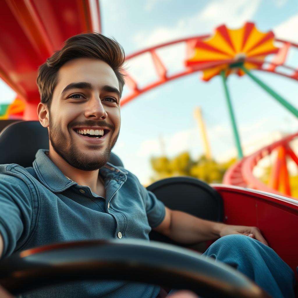 A 27-year-old white male with dark brown hair and a short beard (sides trimmed to a number one and bottom to a number five) riding a rollercoaster solo