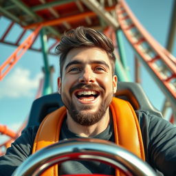 A 27-year-old white male with dark brown hair and a short beard (sides trimmed to a number one and bottom to a number five) riding a rollercoaster solo