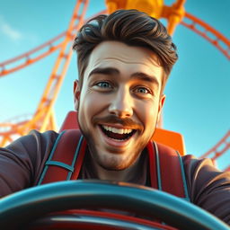 A 27-year-old white male with dark brown hair and a short beard (sides trimmed to a number one and bottom to a number five) riding a rollercoaster solo