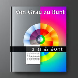 A captivating book cover design titled 'Von Grau zu Bunt' that incorporates a calendar and a color wheel