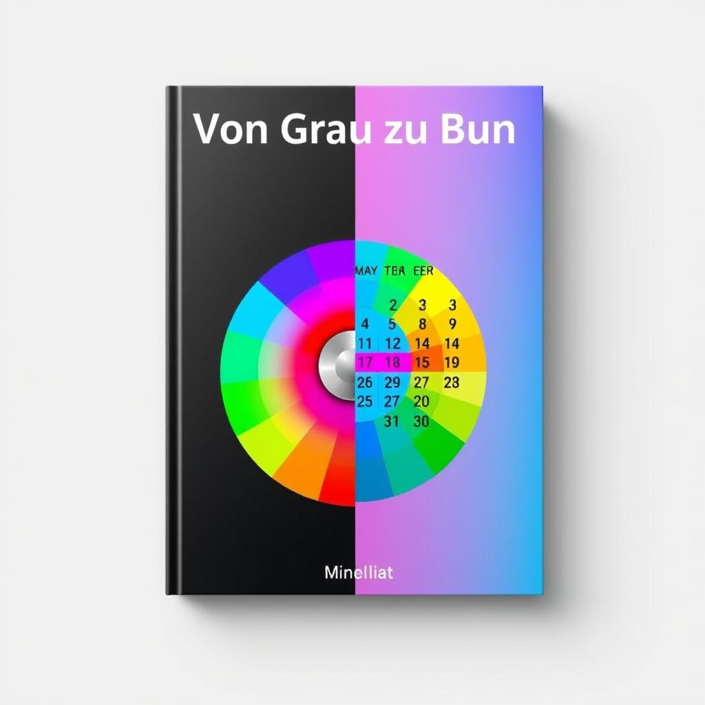 A captivating book cover design titled 'Von Grau zu Bunt' that incorporates a calendar and a color wheel