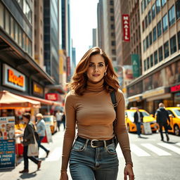 A captivating image of a 34-year-old woman with a consistent appearance, featuring medium-length wavy brown hair and wearing a stylish outfit that includes a fitted turtleneck and high-waisted jeans