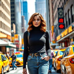 A captivating image of a 34-year-old woman with a consistent appearance, featuring medium-length wavy brown hair and wearing a stylish outfit that includes a fitted turtleneck and high-waisted jeans