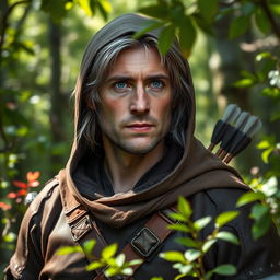 A middle aged half-elf ranger with striking grey-blond hair and captivating grey-blue eyes, depicted in a lush forest setting