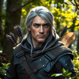 A middle aged half-elf ranger with striking grey-blond hair and captivating grey-blue eyes, depicted in a lush forest setting