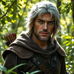 A middle aged half-elf ranger with striking grey-blond hair and captivating grey-blue eyes, depicted in a lush forest setting