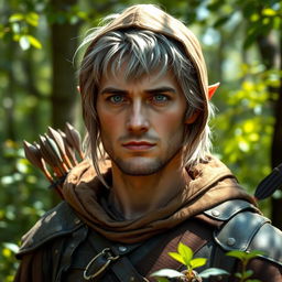 A middle aged half-elf ranger with striking grey-blond hair and captivating grey-blue eyes, depicted in a lush forest setting