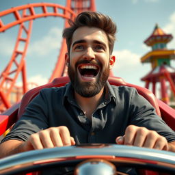 A 30-year-old white male with dark brown hair and a short beard (sides trimmed to a number one and bottom to a number seven) riding a rollercoaster solo