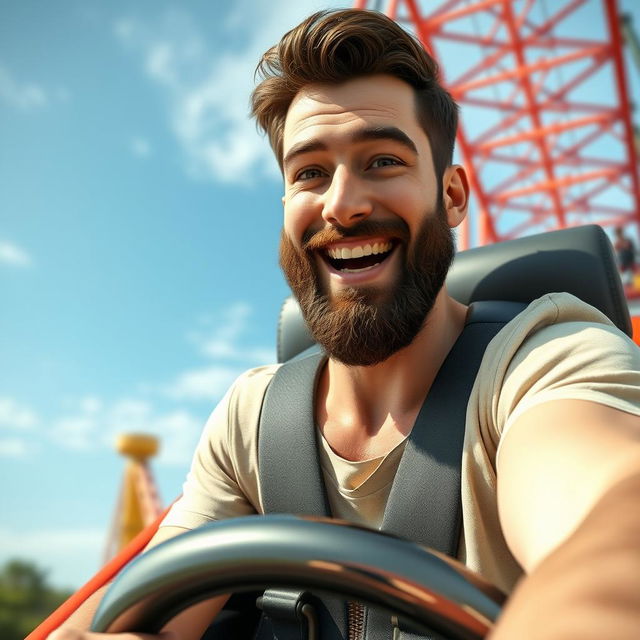 A 30-year-old white male with dark brown hair and a short beard (sides trimmed to a number one and bottom to a number seven) riding a rollercoaster solo