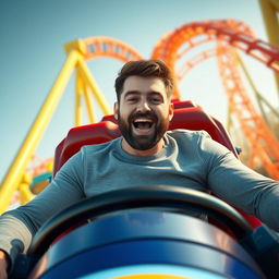 A 30-year-old white male with dark brown hair and a short beard (sides trimmed to a number one and bottom to a number seven) riding a rollercoaster solo