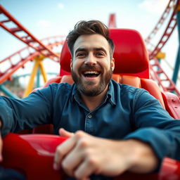 A 30-year-old white male with dark brown hair and a short beard (sides trimmed to a number one and bottom to a number seven) riding a rollercoaster solo