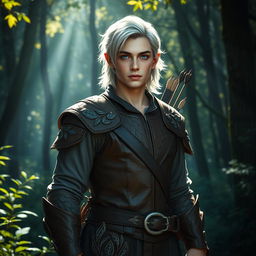 A half-elf ranger standing confidently in a lush forest