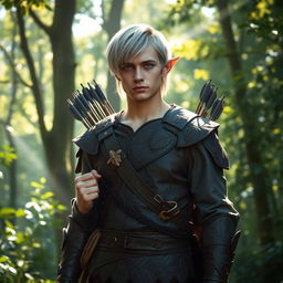 A half-elf ranger standing confidently in a lush forest