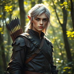 A half-elf ranger standing confidently in a lush forest