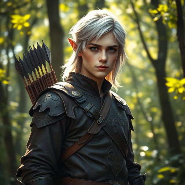 A half-elf ranger standing confidently in a lush forest