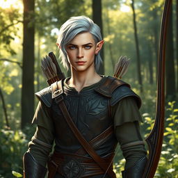 A half-elf ranger standing confidently in a lush forest