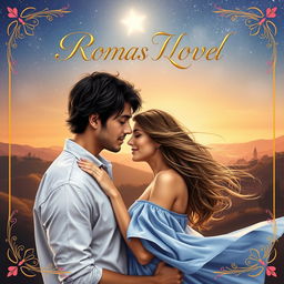 A romantic novel book cover featuring a soft-focus image of a beautiful couple embracing under a starlit sky