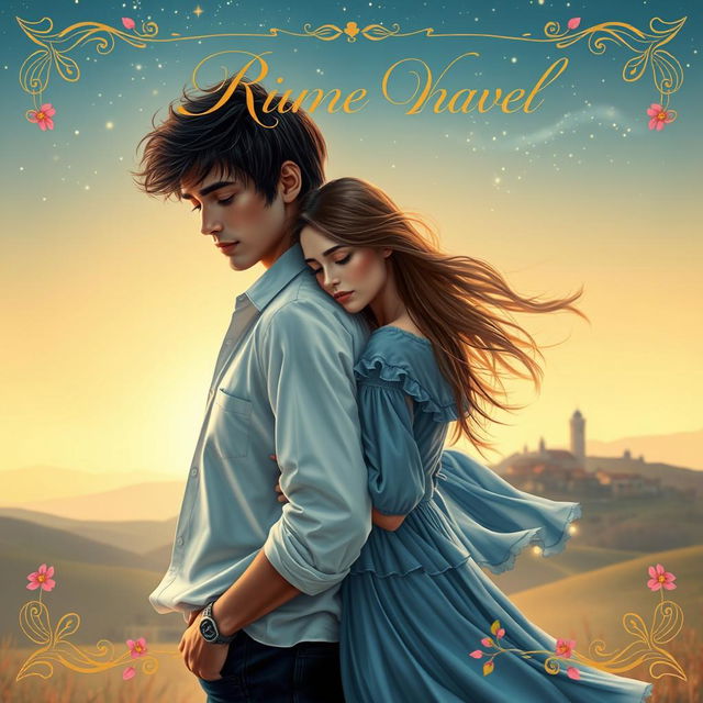 A romantic novel book cover featuring a soft-focus image of a beautiful couple embracing under a starlit sky