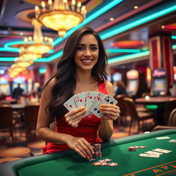 A woman with long, flowing dark hair, celebrating a blackjack win at a glamorous casino