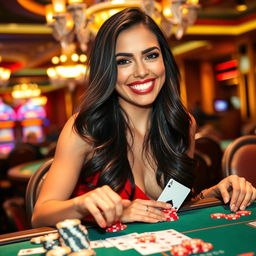 A woman with long, flowing dark hair, celebrating a blackjack win at a glamorous casino