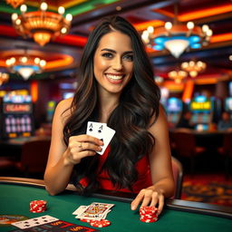 A woman with long, flowing dark hair, celebrating a blackjack win at a glamorous casino
