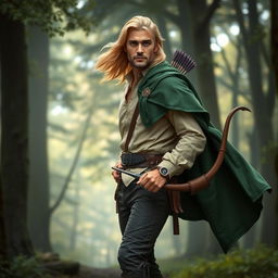 A half-elf ranger portrayed in a majestic forest setting