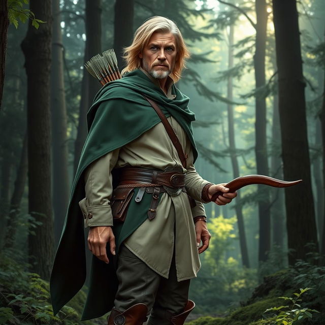 A half-elf ranger portrayed in a majestic forest setting