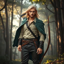 A half-elf ranger portrayed in a majestic forest setting