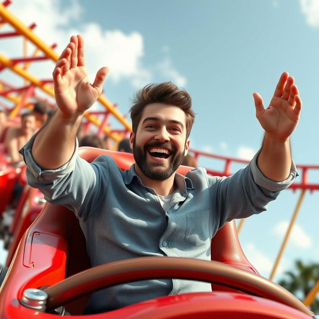 A white male with dark brown hair and a short beard riding a rollercoaster solo, with his hands raised in the air, expressing joy and excitement