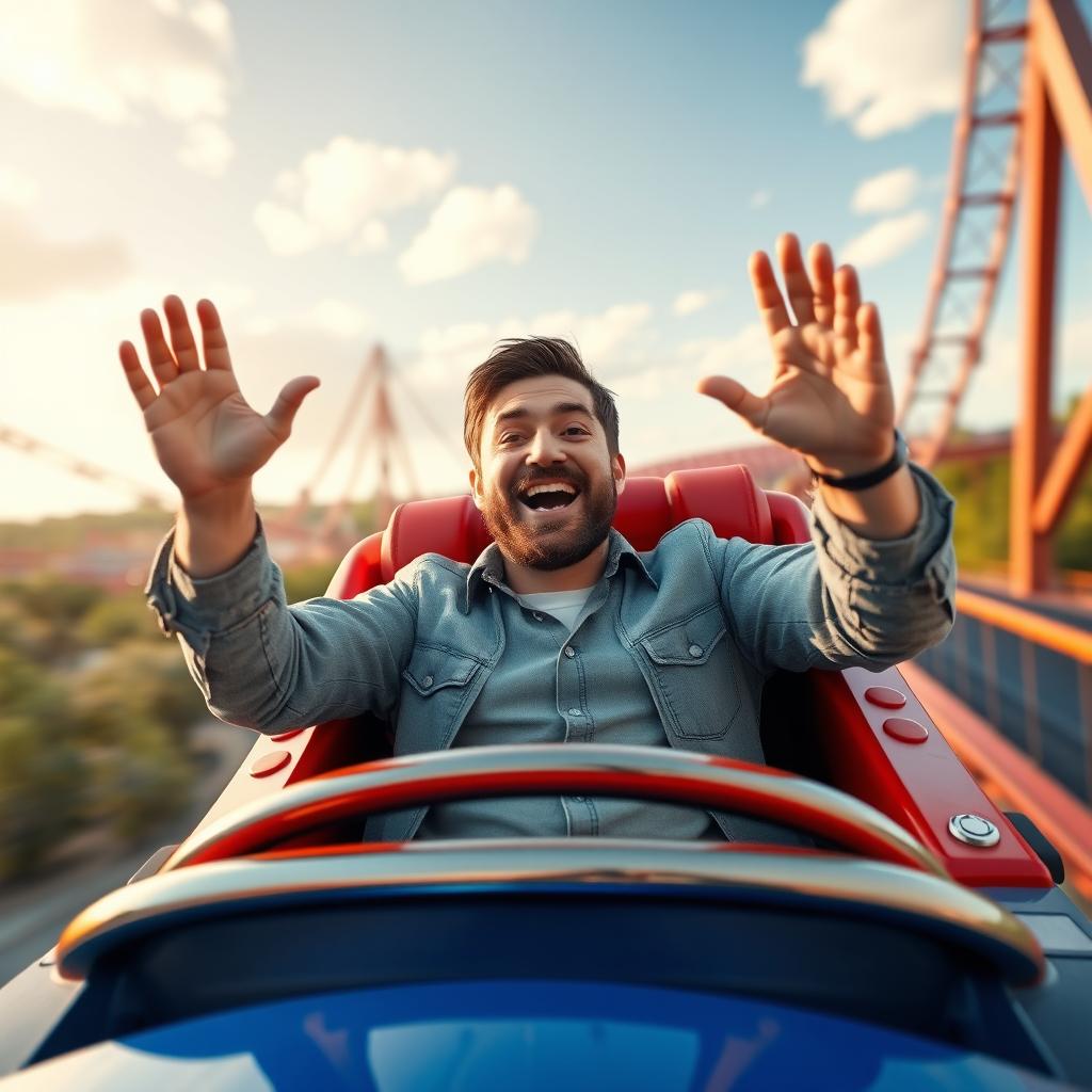 A white male with dark brown hair and a short beard riding a rollercoaster solo, with his hands raised in the air, expressing joy and excitement