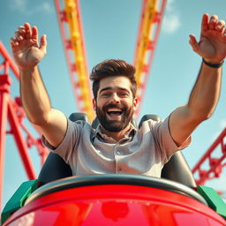 A white male with dark brown hair and a short beard riding a rollercoaster solo, with his hands raised in the air, expressing joy and excitement