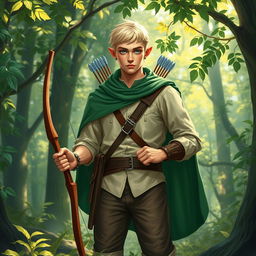 A half-elf ranger depicted in a vibrant forest scene
