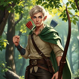 A half-elf ranger depicted in a vibrant forest scene