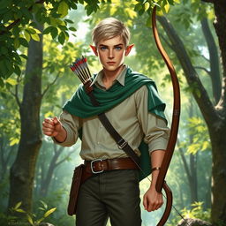 A half-elf ranger depicted in a vibrant forest scene