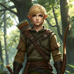 A half-elf ranger with short blond hair and striking grey-blue eyes stands confidently in a lush forest setting