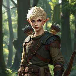 A half-elf ranger with short blond hair and striking grey-blue eyes stands confidently in a lush forest setting
