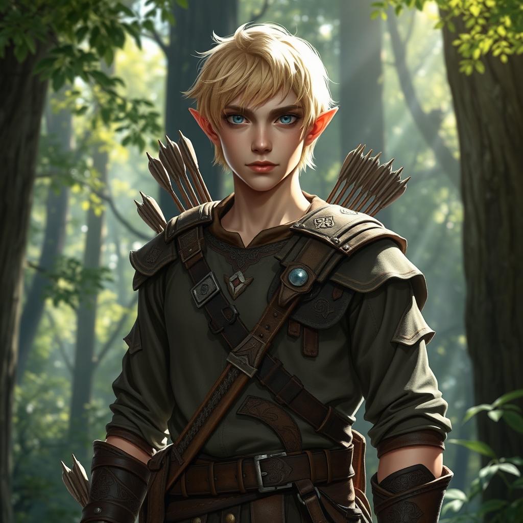 A half-elf ranger with short blond hair and striking grey-blue eyes stands confidently in a lush forest setting