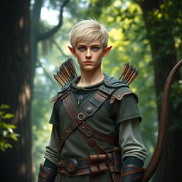 A half-elf ranger with short blond hair and striking grey-blue eyes stands confidently in a lush forest setting